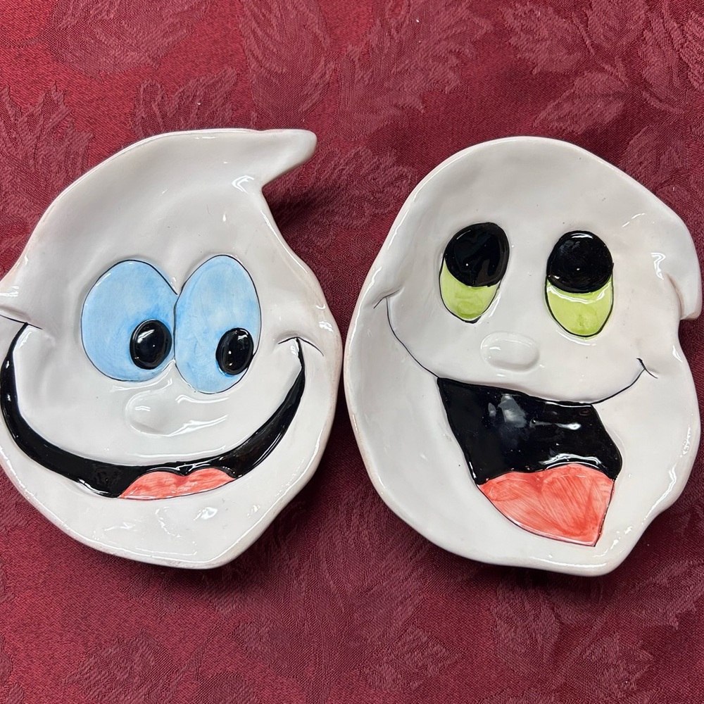 Ghost Face Ceramic Nut Treat Candy Dish Whimsical Face‎ Halloween Lot Of 2